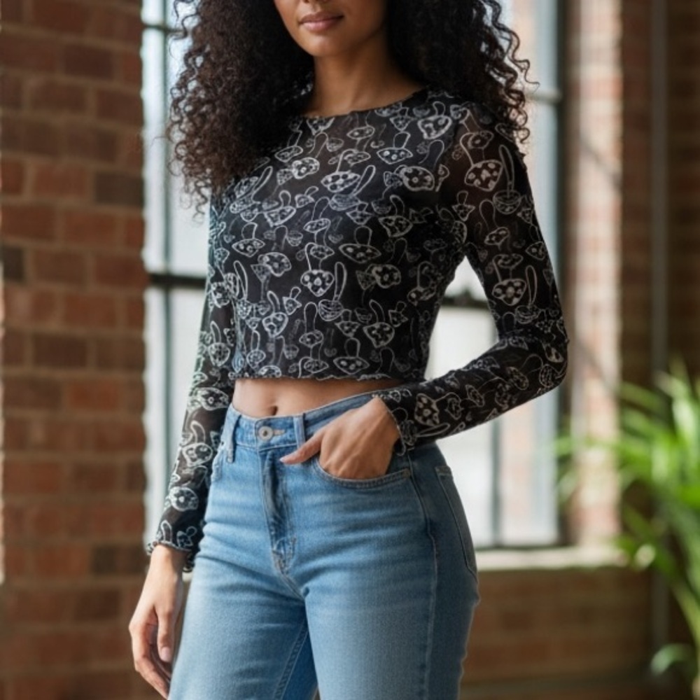 Shein Womens Size 6 Mesh Long Sleeve Crop Top Black Mushrooms Hearts Lettuce Hem